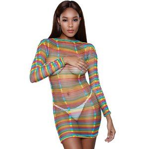Rainbow Striped Cut Out Long Sleeve Mini Dress